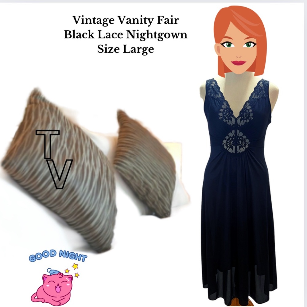 Size Large Vintage Vanity Fair Black Lace Nightgown beautiful Sexty